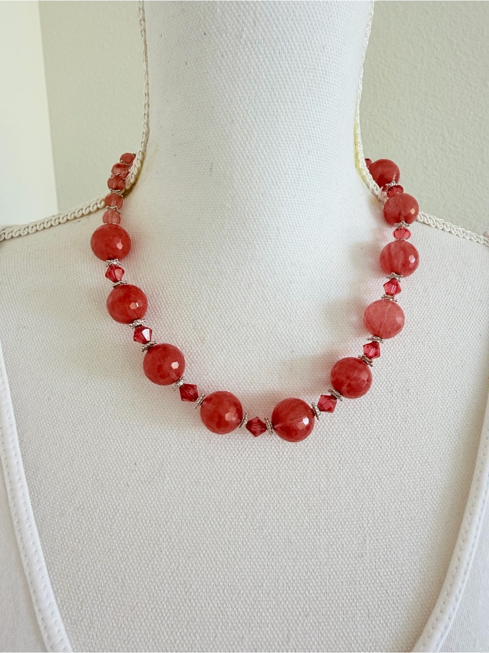 Crystals Red Beaded Faceted Glass Statement Necklace Vintage Style